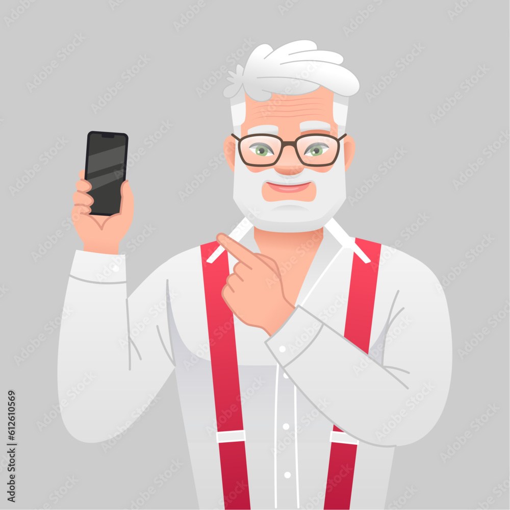 Old gray-haired bearded grandfather in glasses points to a smartphone in his hand. Happy elderly man with phone. Successful confident businessman. Old gray-haired bearded grandfather in glasses points to a smartphone in his hand. Happy elderly man with phone. Successful confident businessman.