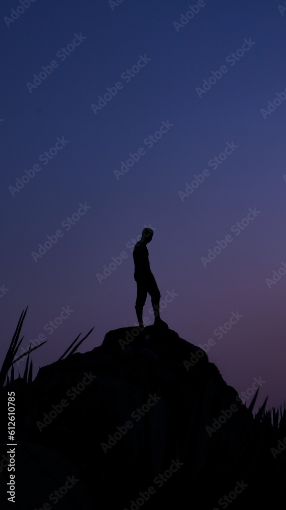 Silhouette of human standing on rock during sunset