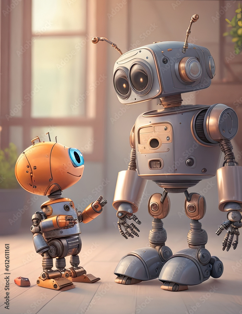Ilustración de dos robots con Inteligencia Artificial, intercambiando información, iluminados con luz natural. - IA Generativa. Ilustración de dos robots con Inteligencia Artificial, intercambiando información, iluminados con luz natural. - IA Generativa.