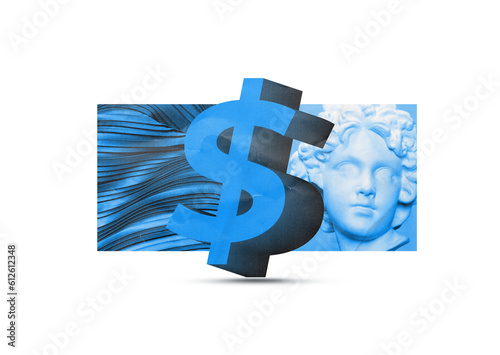Imagem digital minimalista de cifrão azul na frente de uma textura e uma cabeça de estátua, representando poder, manipulação, riqueza, ganhos, possibilidades.  © Felipe Mota