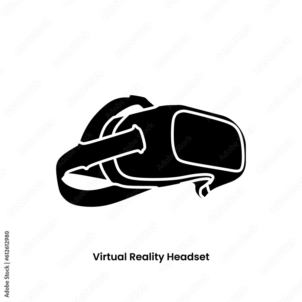Obraz premium Virtual Reality Headset in black fill icon. Modern VR Device side view vector illustration in trendy style. Editable graphic resources for many purposes. 