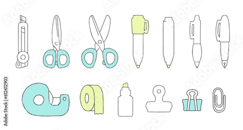 文房具の手書きイラスト1、シンプルなベクター素材集