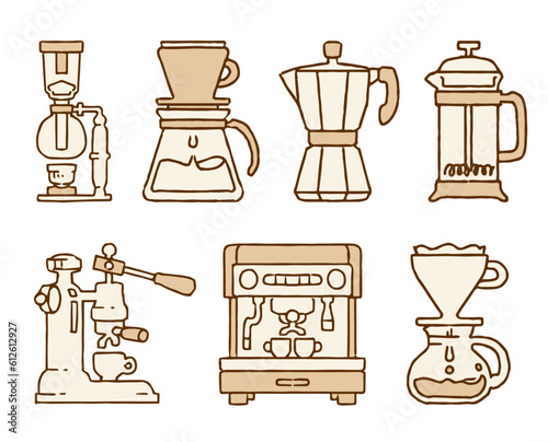 コーヒーメーカーの手書きイラスト、シンプルなベクター素材集