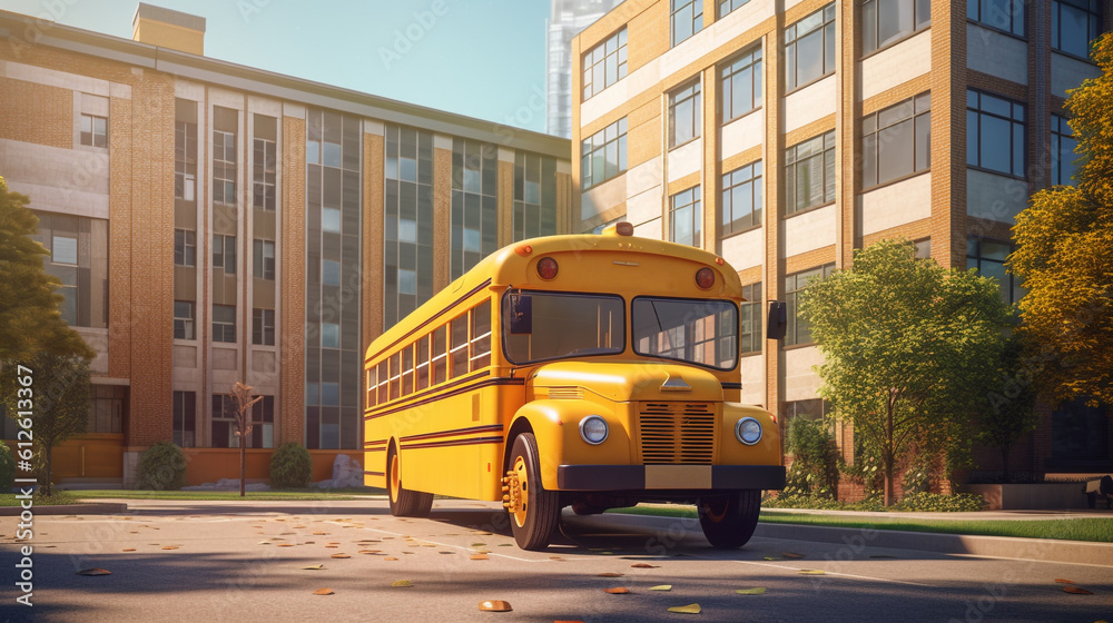 the school bus is next to the school Generative AI