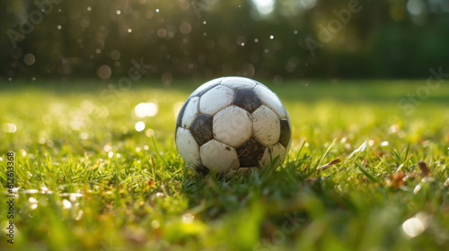 A soccer ball on the grassa photo of a soccer ball on a grassy. © tashechka