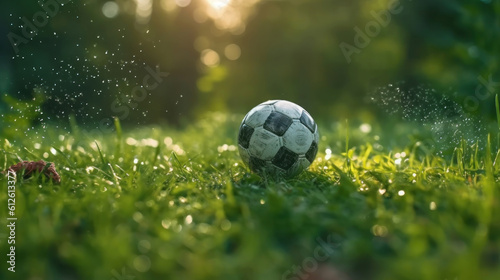 A soccer ball on the grassa photo of a soccer ball on a grassy.