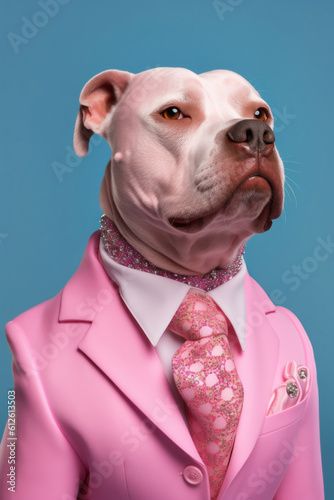 Hyperrealist portrait of a funky of Anthropomorphic Stylish The Pitbull Terrier wearing haute couture, perfectly detailed, pastel background