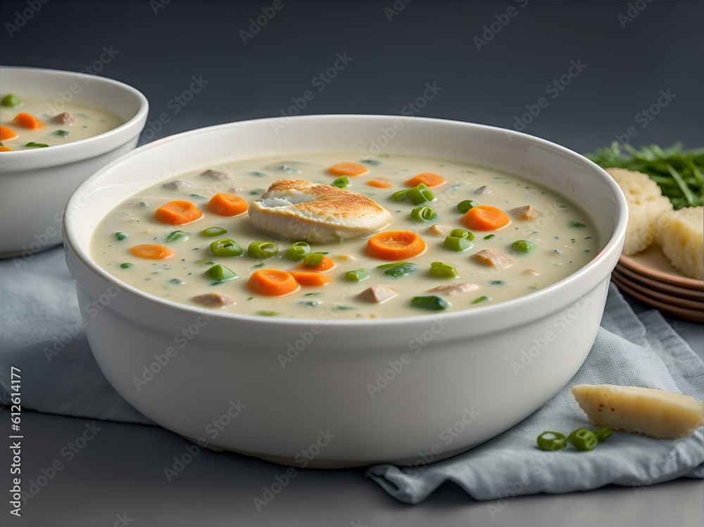 tasty creamy vegetable soup with chicken fillet in a white bowl. Generative AI