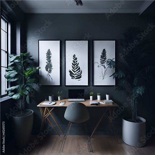 Interior study room with three frames full of plants wall mockup with study desk and decor on cool black wall background.