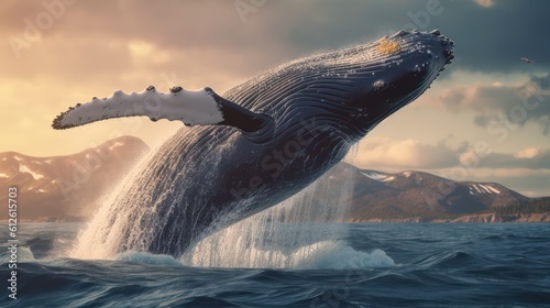 Humpback whale jumping out of the water. The whale is sprayed with water and ready to fall on its back. Generative AI