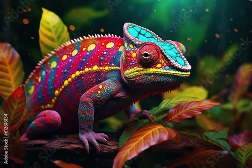 Yemeni chameleon isolated on large black background lizard on green leaf Brightly colored skin, colorful chameleons