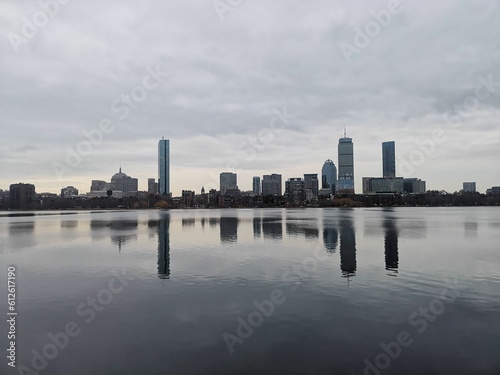 Mesmerizing skyline view of Boston city with the Charles river on a display of Skyscrapers