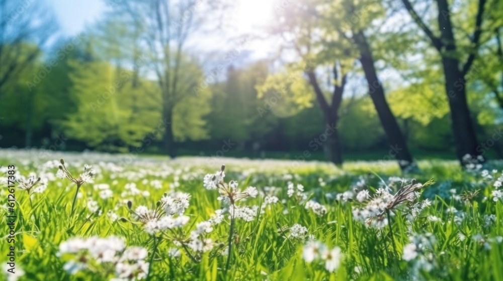Beautiful blurred spring background nature with fields of flowers, trees and blue sky on a sunny day.Generated with AI.