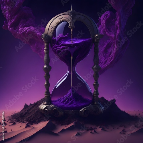 Ornate Sand Clock in Space - Generative AI Illustration with Golden Purple Color Splash