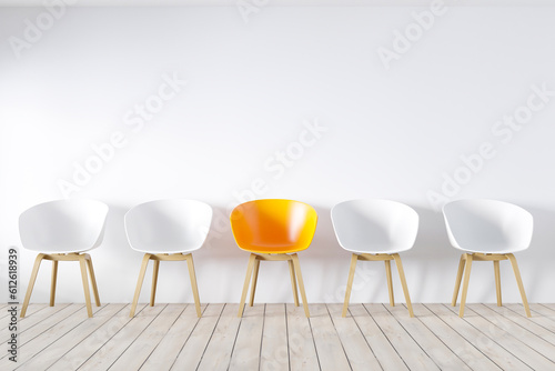 Row of chairs with one odd one out. Job opportunity. Business leadership. recruitment concept.