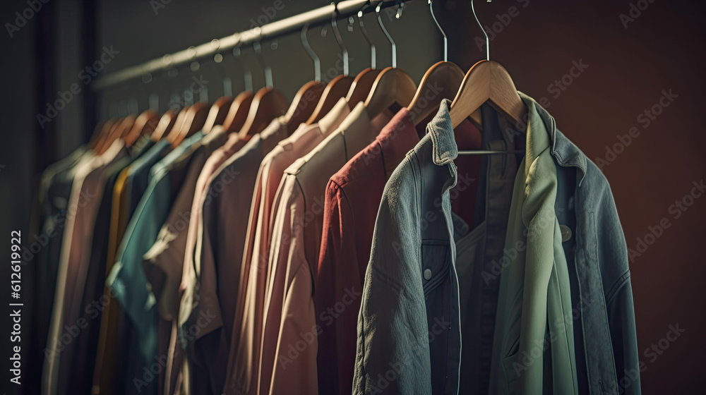 Obraz premium Collection of clothes hanging on rack. Generative AI
