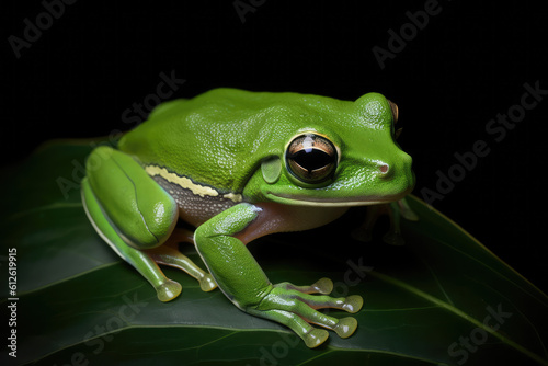 Overhead view of a green white-lipped tree frog (Nyctimystes infrafrenatus) on a leaf, Indonesia, generative AI photo