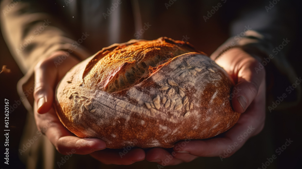 Female hand holding hot freshly baked bread. Generative AI Female hand holding hot freshly baked bread. Generative AI