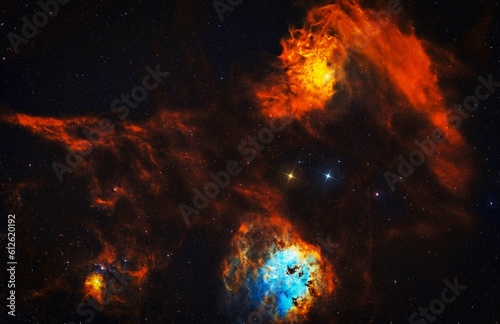 Illustrative background of the cosmos with dark clouds and shiny stars