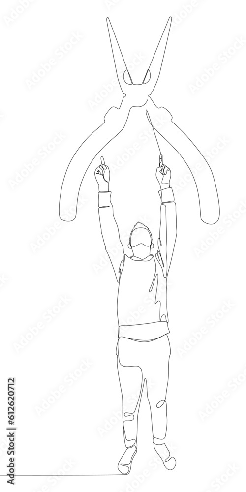 One continuous line of Man pointing with finger at Pliers, Tongs. A hand tool used to hold objects securely. Thin Line Illustration vector concept. Contour Drawing Creative ideas. One continuous line of Man pointing with finger at Pliers, Tongs. A hand tool used to hold objects securely. Thin Line Illustration vector concept. Contour Drawing Creative ideas.