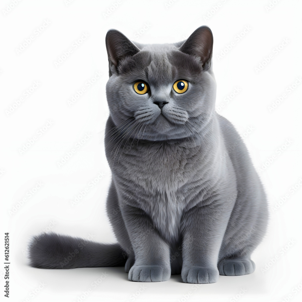 Portrait of a British shorthair cat with flat expression, isolated on white background