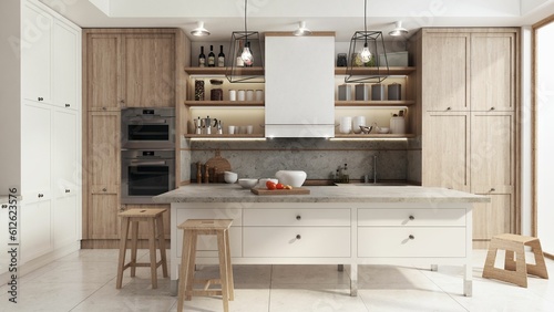 3d rendered illustration of a kitchen interior with a large kitchen island