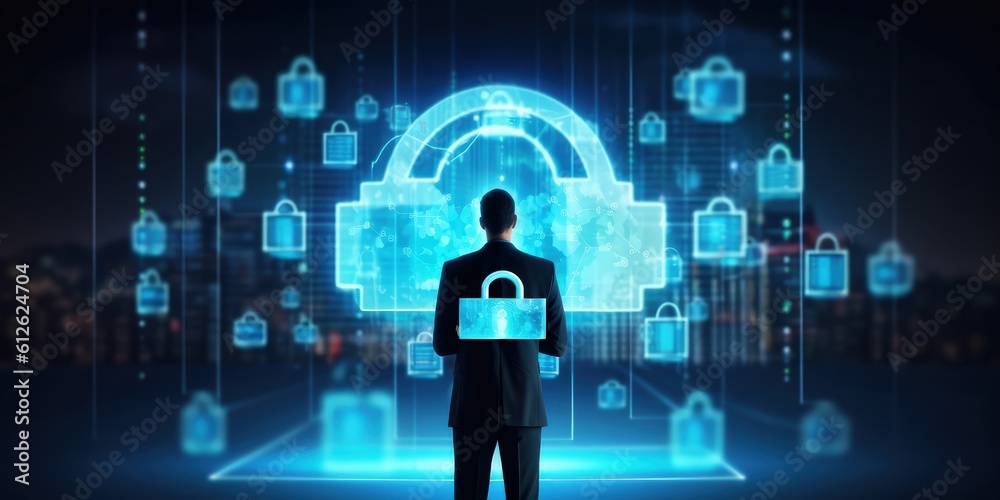 Man in suit looking at technological diagram with padlock, Cyber security and data protection concept, Generative AI Man in suit looking at technological diagram with padlock, Cyber security and data protection concept, Generative AI