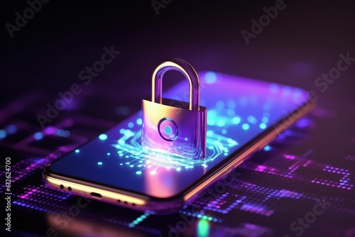Fotografia Padlock hologram on smartphone screen protecting business and financial data wit
