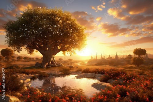 Slika na platnu Garden of Eden with Tree of Life, garden at sunset, Generative AI