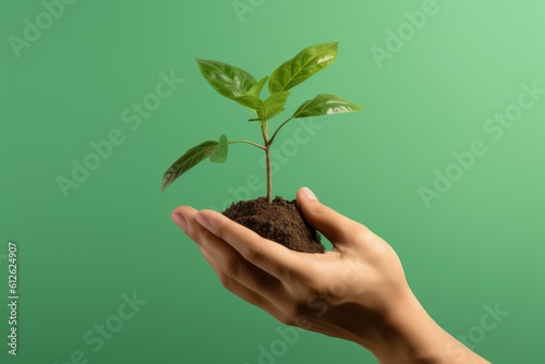 Hand holding plant seedling with soil on green background, concept of nature and environment preservation, Generative AI