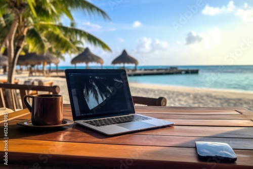 Laptop on top of table on tropical island beach, financial and geographical freedom concept, Generative AI