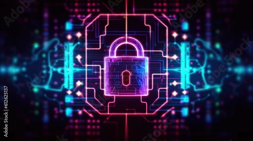 Padlock on technological circuit background with neon lights, Cyber ​​security concept, Generative AI