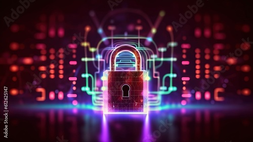 Padlock on technological circuit background with neon lights, Cyber ​​security concept, Generative AI