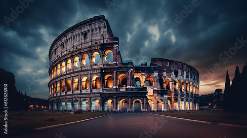 Print op canvas colosseum at night, generative artificial intelligence