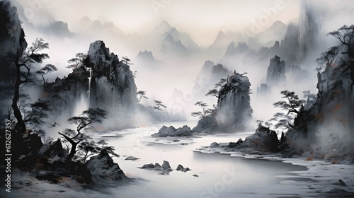 Mesmerizing abstract landscape painting, in the sumi-e style of traditional Japanese ink art created with Generative AI