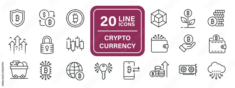 Cryptocurrency line icons. Editable stroke. For website marketing design, logo, app, template, ui, etc. Vector illustration.
