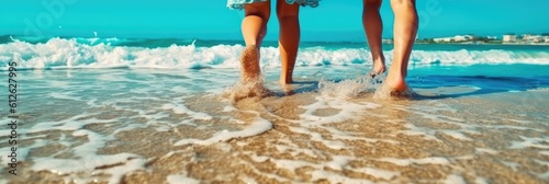 feet and legs strolling on the wave turquoise beach with generative ai