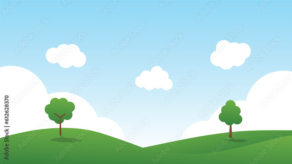 landscape cartoon scene with green hills and white cloud in summer blue sky background landscape cartoon scene with green hills and white cloud in summer blue sky background