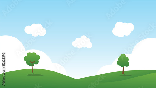 landscape cartoon scene with green hills and white cloud in summer blue sky background