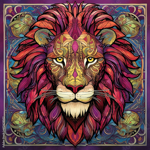 Drawing cartoon abstract of the head of a lion in bright colours in a stained glass tile. Generative AI.