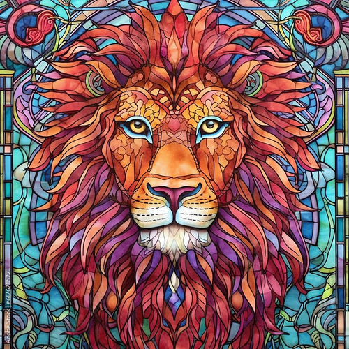 Drawing cartoon abstract of the head of a lion in bright colours in a stained glass tile. Generative AI.