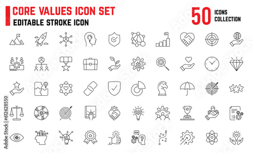 Core value editable stroke icon, Icon includes, Honesty, Stakeholders, Integrity, Target purpose, Strategy. Core values line icons., core values network. Business Vector thin line icon