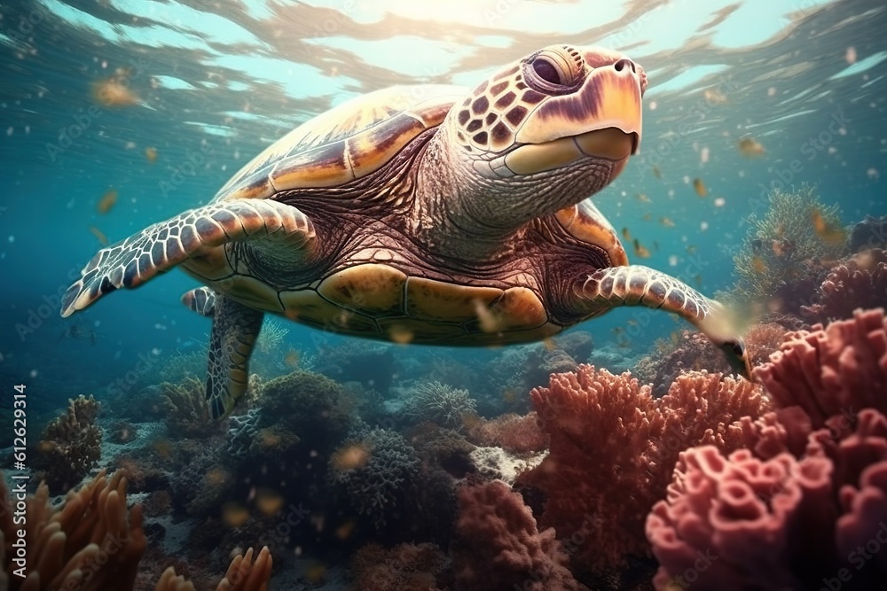 Fototapeta premium An endangered Hawaiian sea turtle cruises in the warm waters of the Pacific Ocean in Hawaii.
