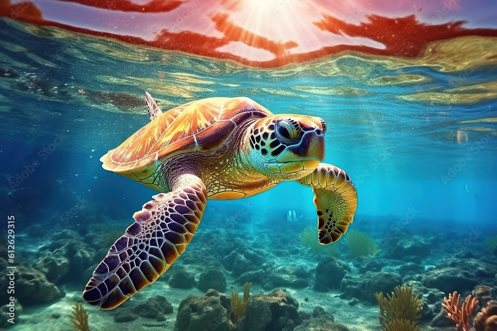 Obraz premium An endangered Hawaiian sea turtle cruises in the warm waters of the Pacific Ocean in Hawaii.