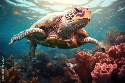 An endangered Hawaiian sea turtle cruises in the warm waters of the Pacific Ocean in Hawaii.