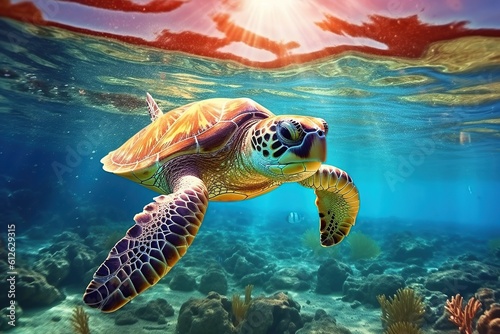 An endangered Hawaiian sea turtle cruises in the warm waters of the Pacific Ocean in Hawaii.