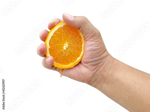 Hand squeezing an orange, transparent background