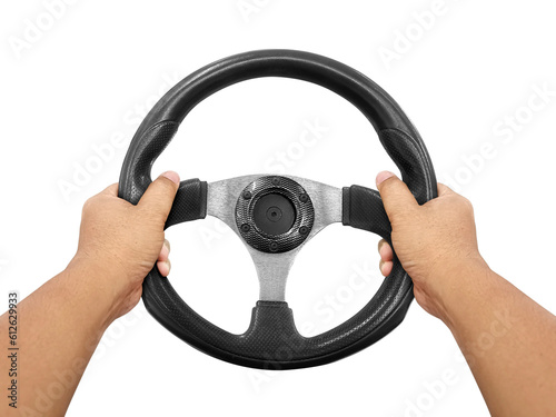 Hands holding steering wheel transparent background © Retouch man