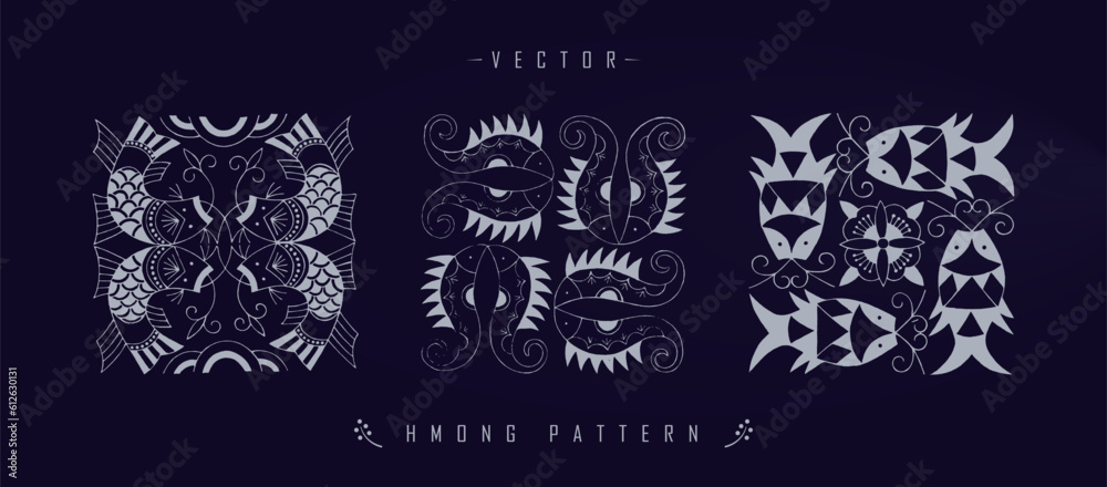 Vector illustration set of three white Chinese Hmong patterns with floral and wildlife elements