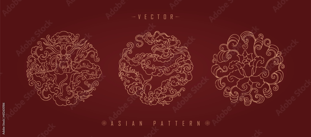 Vector illustration set of three traditional Chinese decorative patterns with floral elements